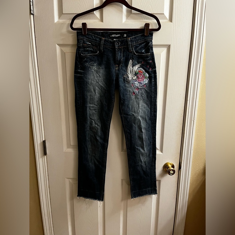ULTRA RARE~ED HARDY~ TATTOO JEANS ~ SKINNY RAW HEM ~ MIXED MEDIA ~ DOVE~28 - Picture 10 of 16